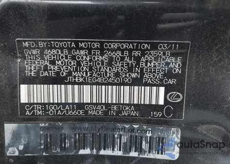 2011 Lexus Es 350 from USA, damaged, VIN JTHBK1EG4B2450190